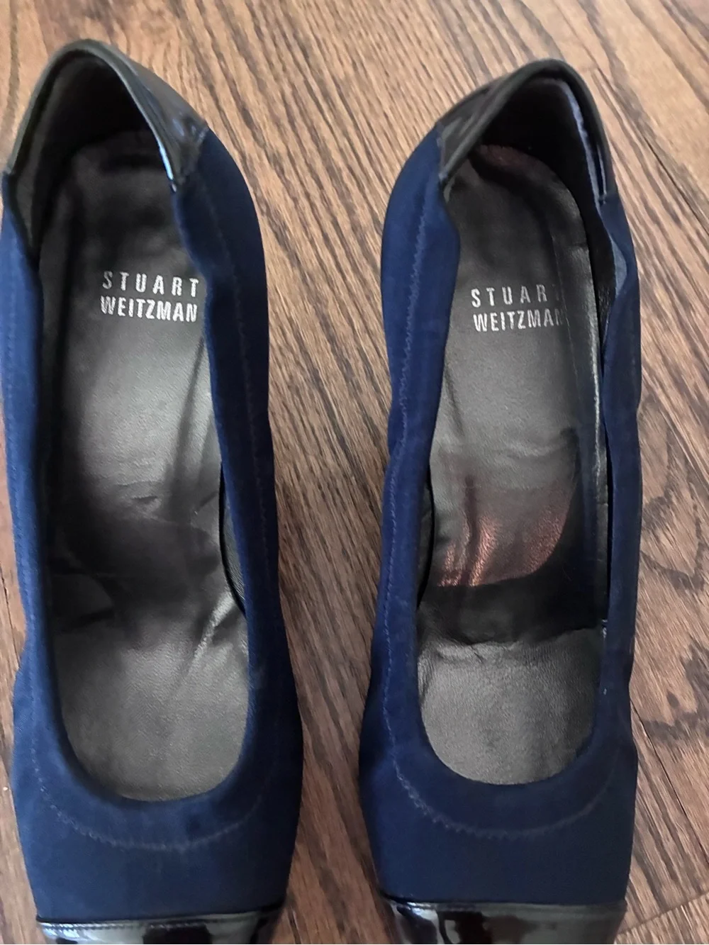 Stuart Weitzman Navy Pumps with Black Patent Cap Toe